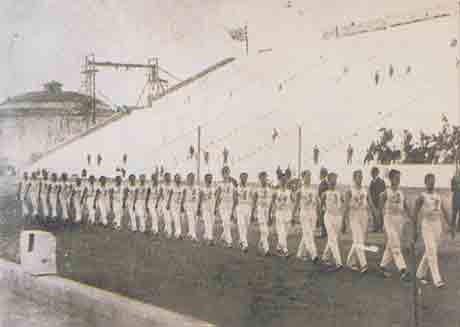 1896 Olympic Games. The team of the Pan-Hellenic Gymnastics Club, enters the Pan-Athenian Stadium in order to take part in the events.
