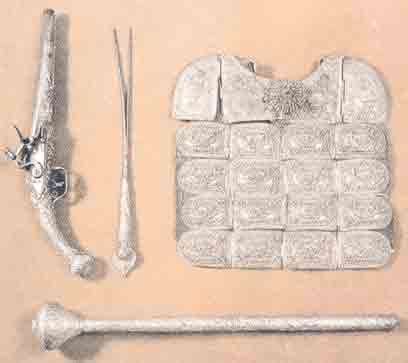 The Field Marshal's staff of office, the breastplate, the pistol and the knife of Theodoros Kolokotronis.