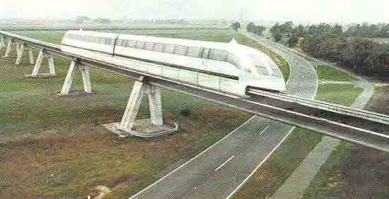 The "Transrapid" magnetic train in a test in Germany.